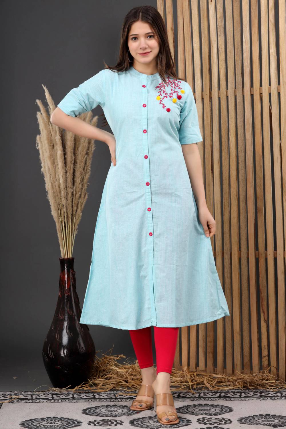 LOOMS21 Women Embroidered Cotton Blend A-line Kurta (Pink)