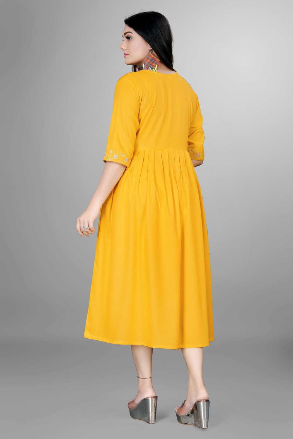 Image of sheladiya Women Fit and Flare Yellow Midi /Calf Length Dress