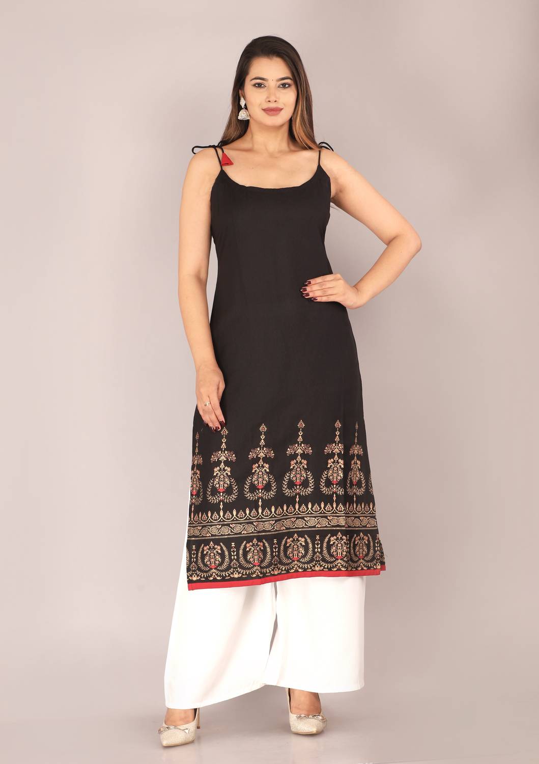 HARSUKHI Women Floral Print Viscose Rayon Straight Kurta (Black)