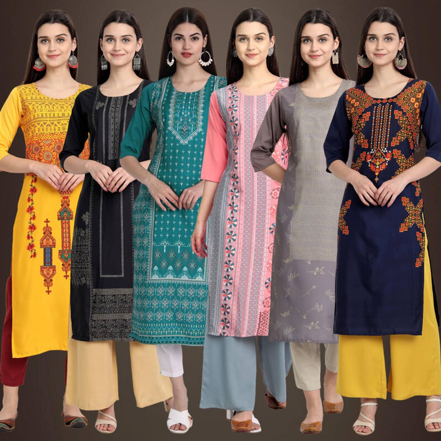 1 Stop Fashion Pack of 6 Women Printed Crepe Straight Kurta (Mult