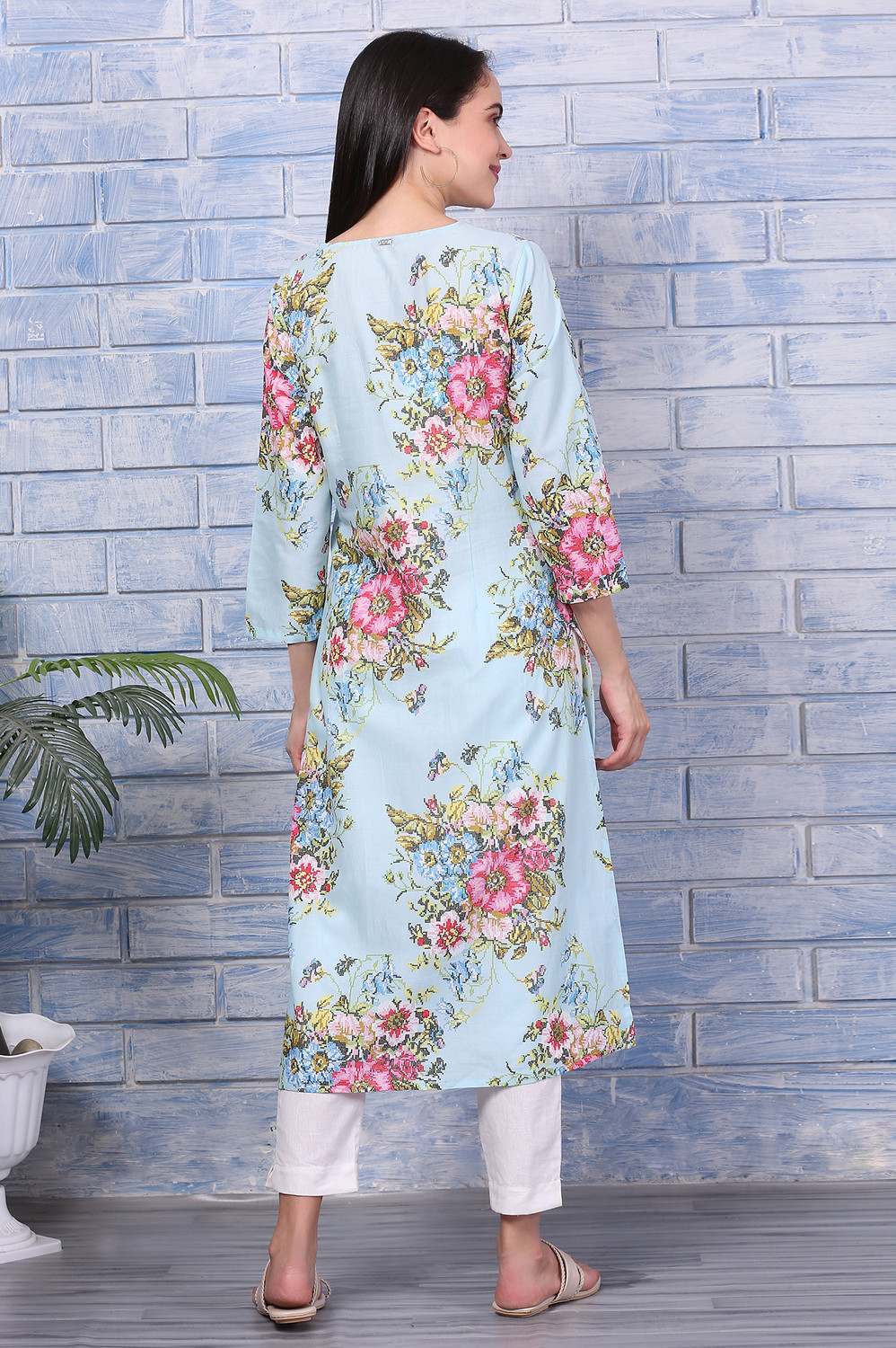Image of W Floral Print Pure Cotton Straight Kurta for Women (Multicolor)