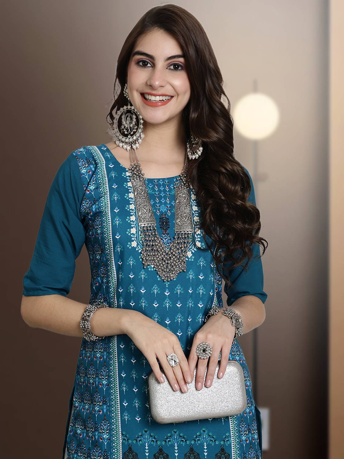 EthnicBasket Women Printed Crepe Straight Kurta (Blue)