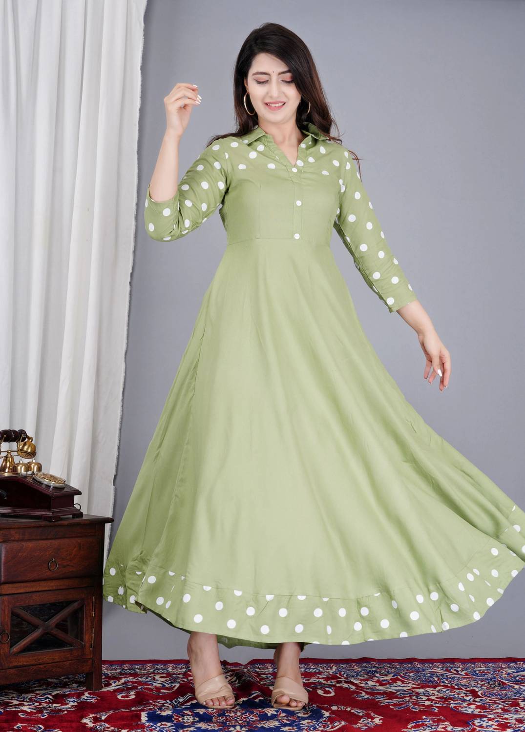 DARGU Women Polka Print Viscose Rayon Anarkali Kurta (Dark Green)