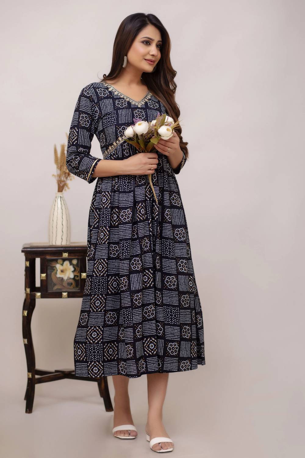 DIPANI Women Printed Viscose Rayon Anarkali Kurta (Dark Blue)