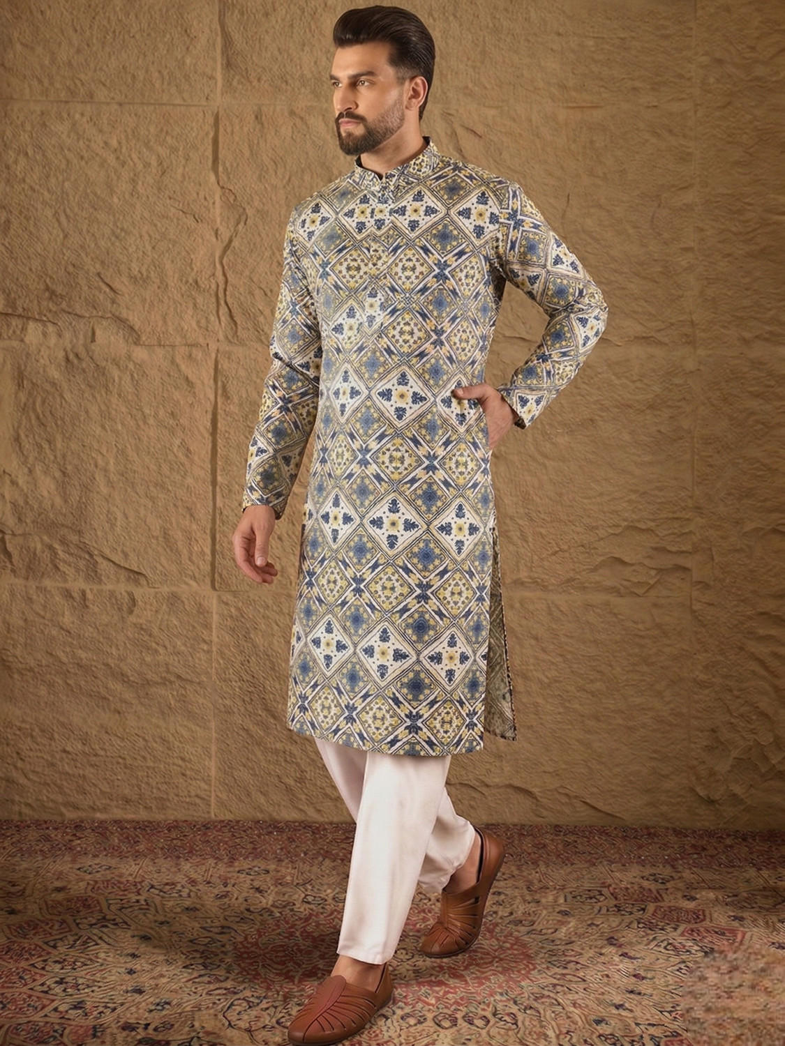 Image of MANIMANN Men Printed Straight Kurta