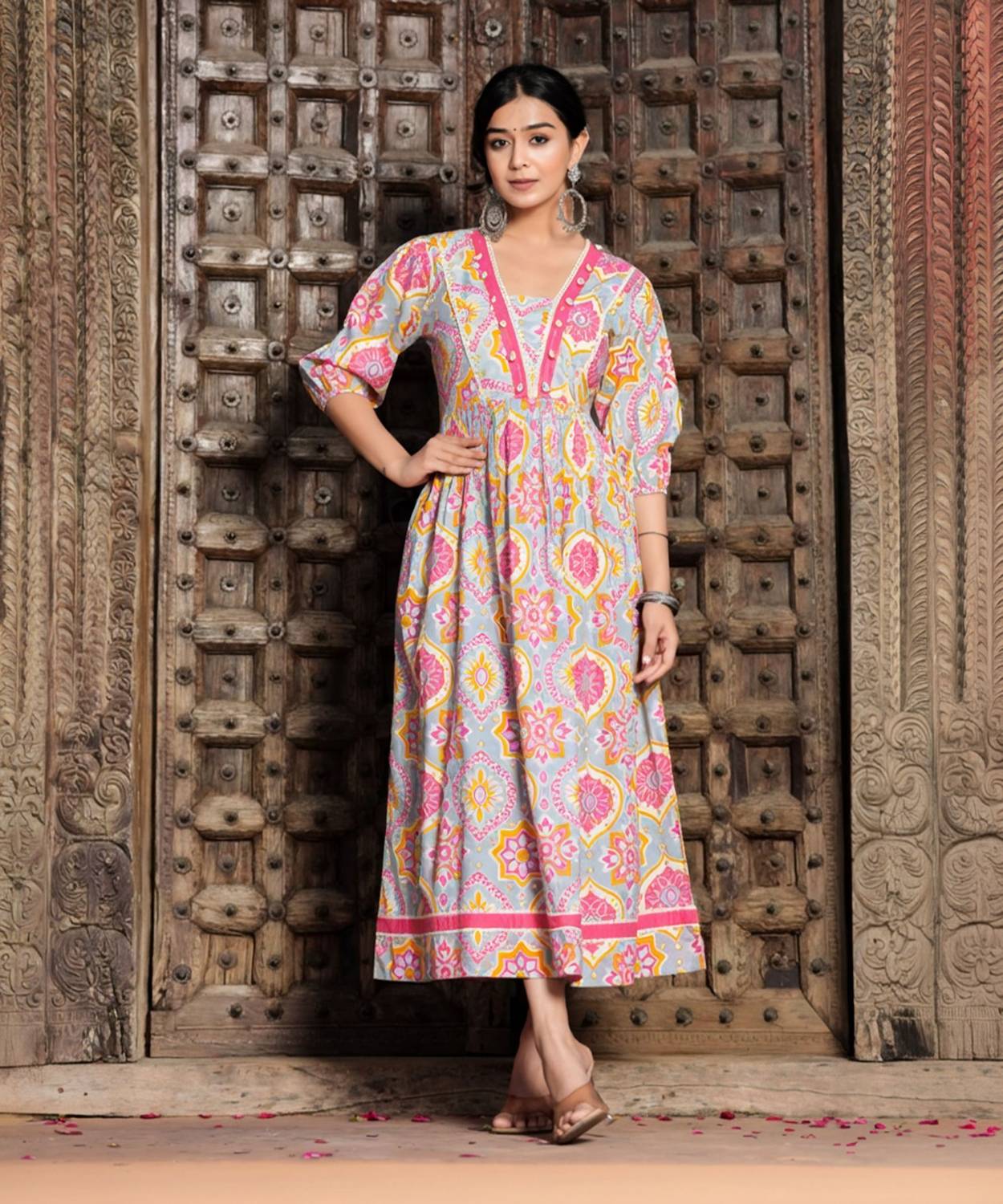 Shobhangi Women Floral Print Pure Cotton Flared Kurta (Pink)