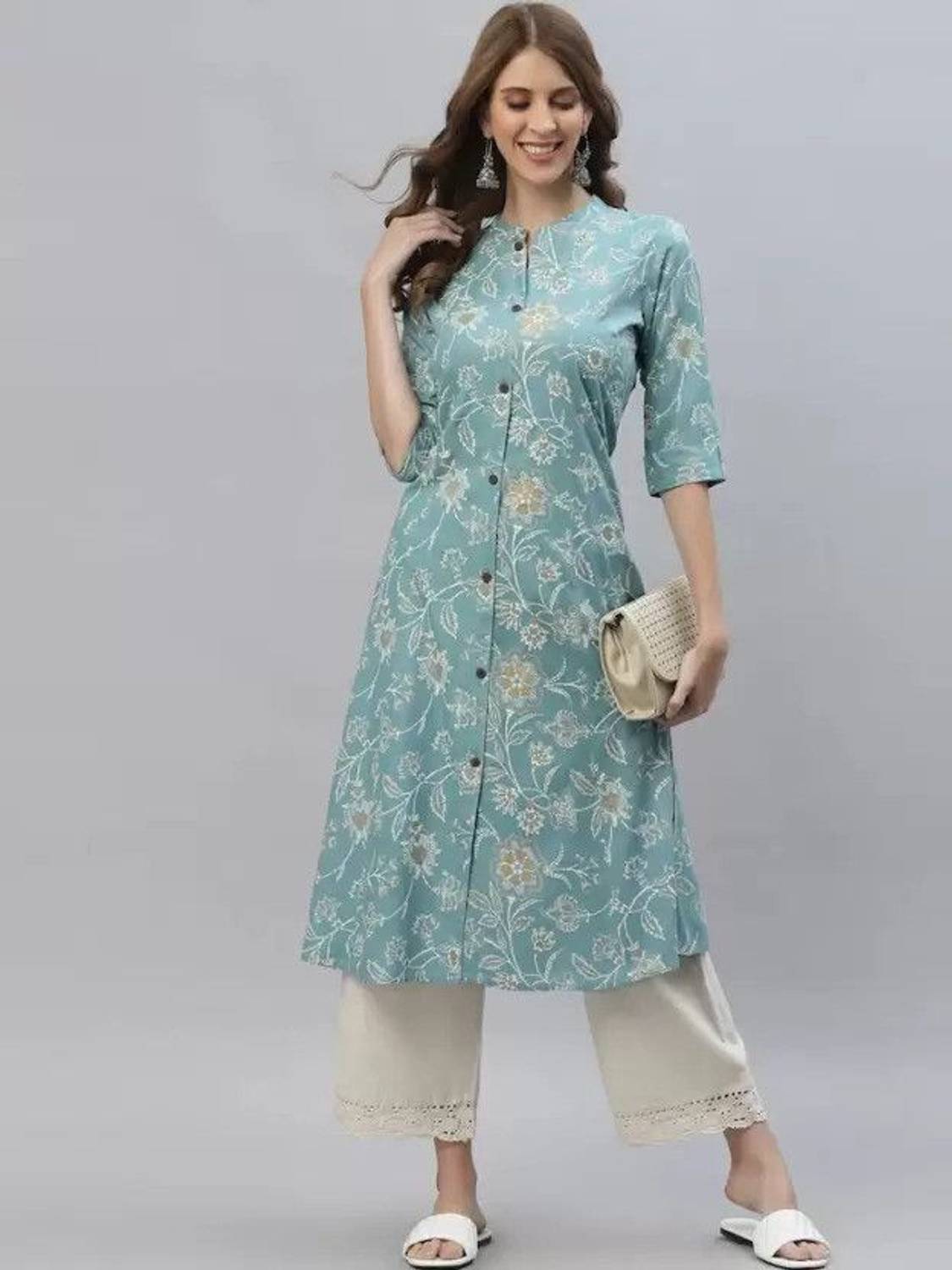 Jai Kurties Women Floral Print Viscose Rayon A-line Kurta (Blue)
