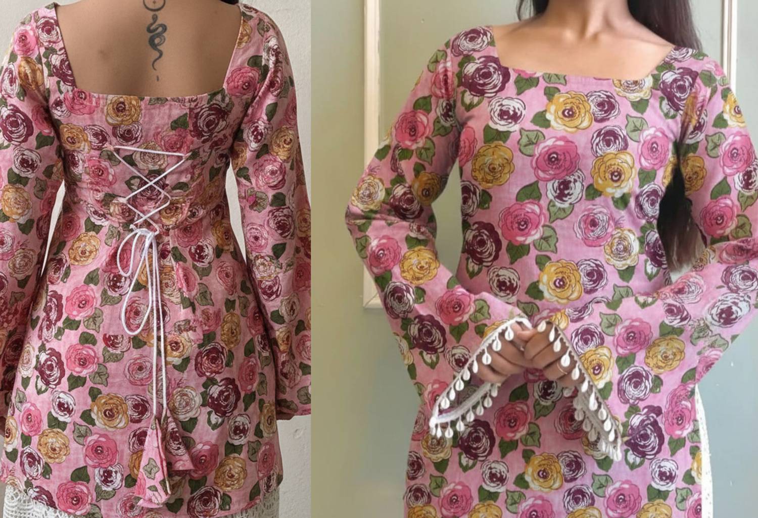 AOSLY Women Floral Print Cotton Blend A-line Kurta (Pink)