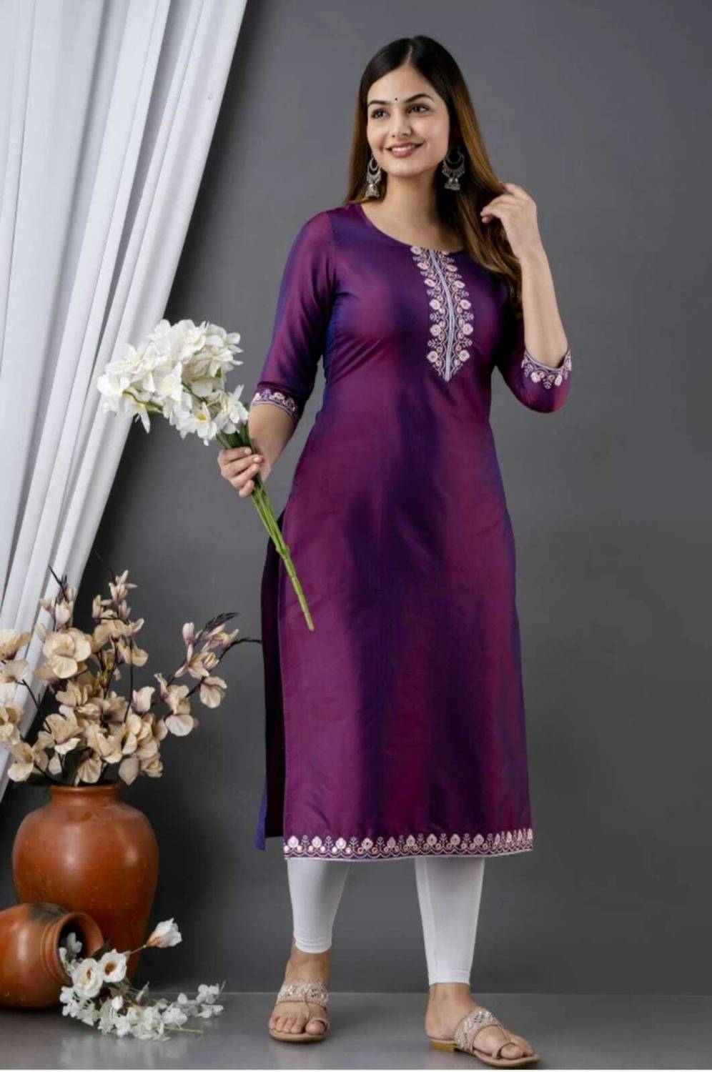 Marudhara Women Embroidered Art Silk Straight Kurta (Purple)