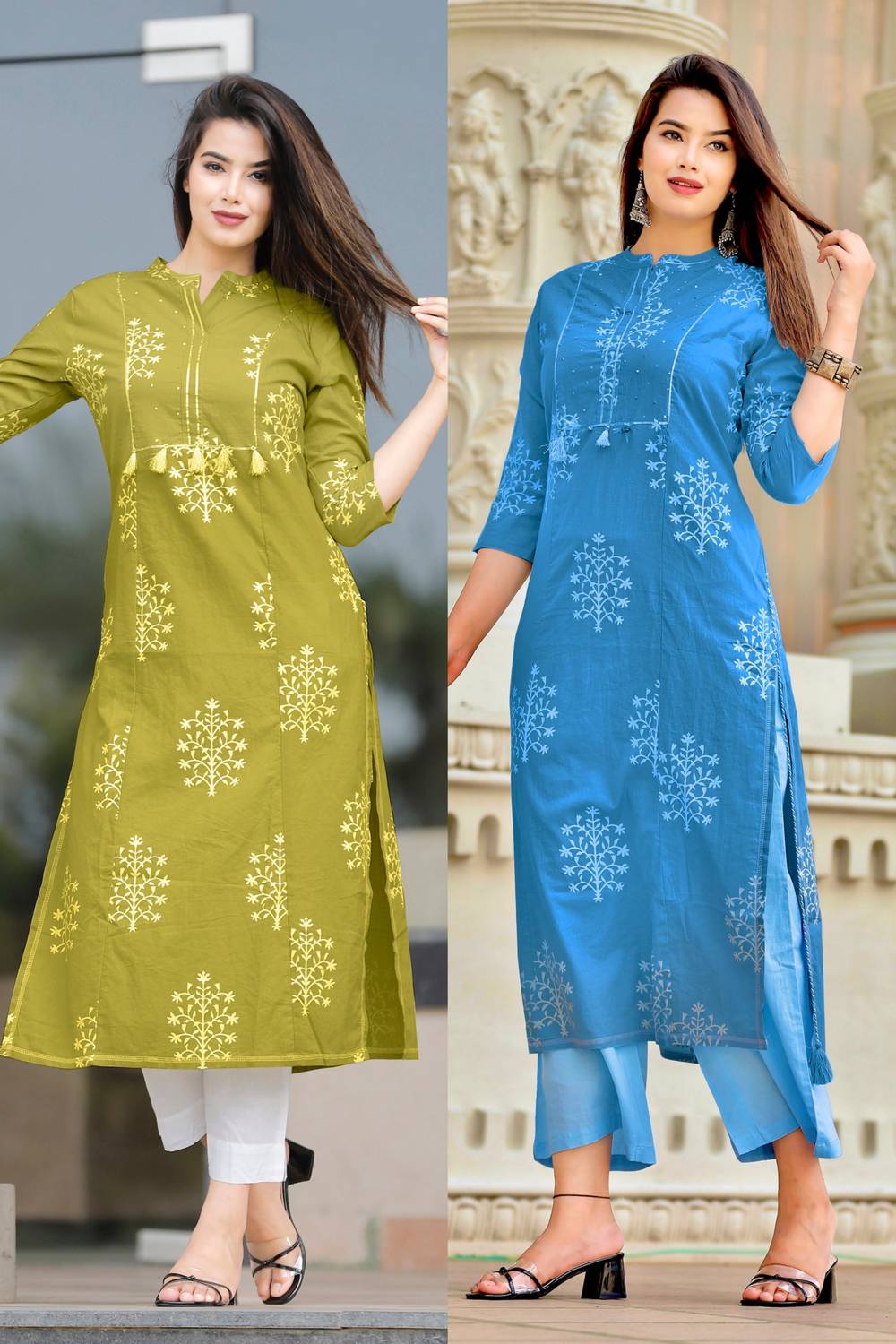 Rimeline Pack of 2 Women Printed Pure Cotton A-line Kurta (Green,