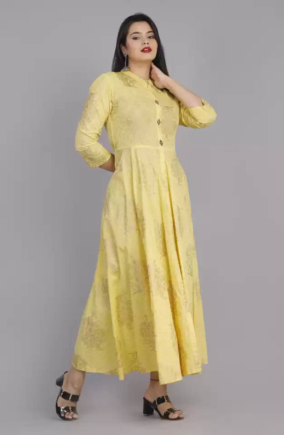 AnviTextile Women Fit and Flare Yellow Maxi/Full Length Dress