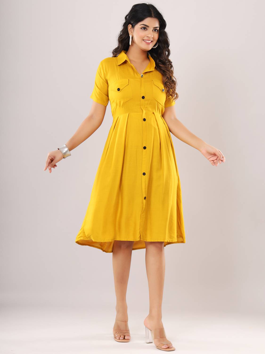 WOMEN VILLAGE Women A-line Yellow Knee Length Dress