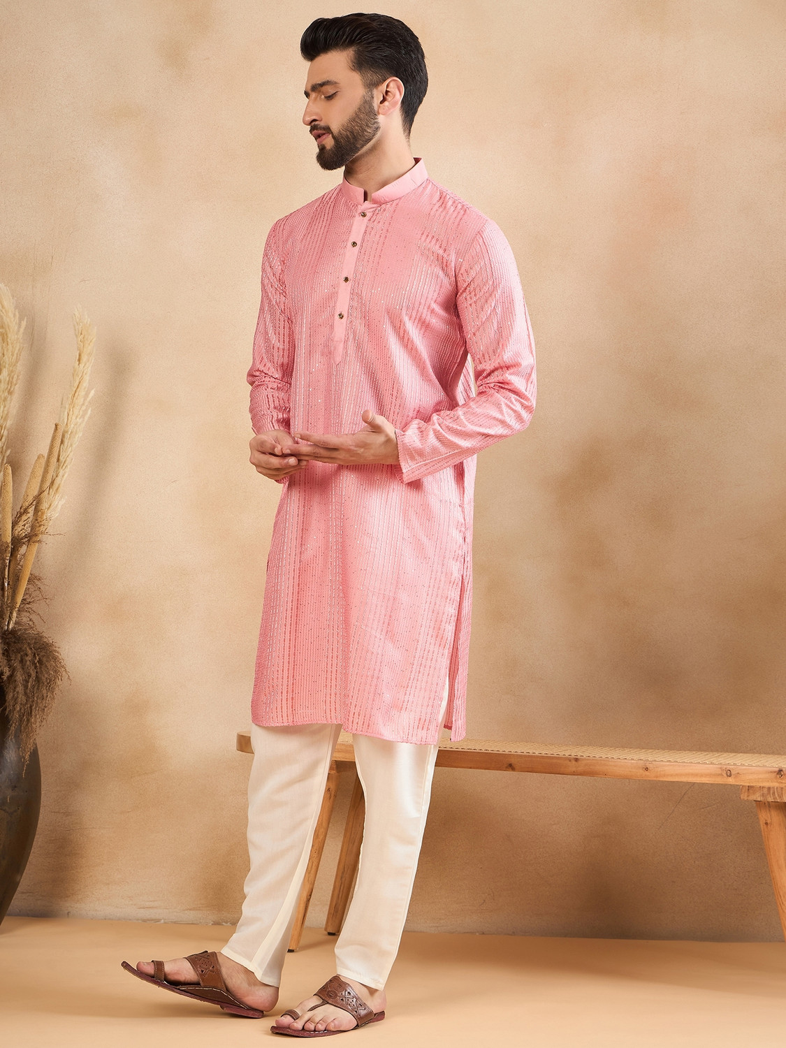 Image of HERE&NOW Men Embroidered Straight Kurta