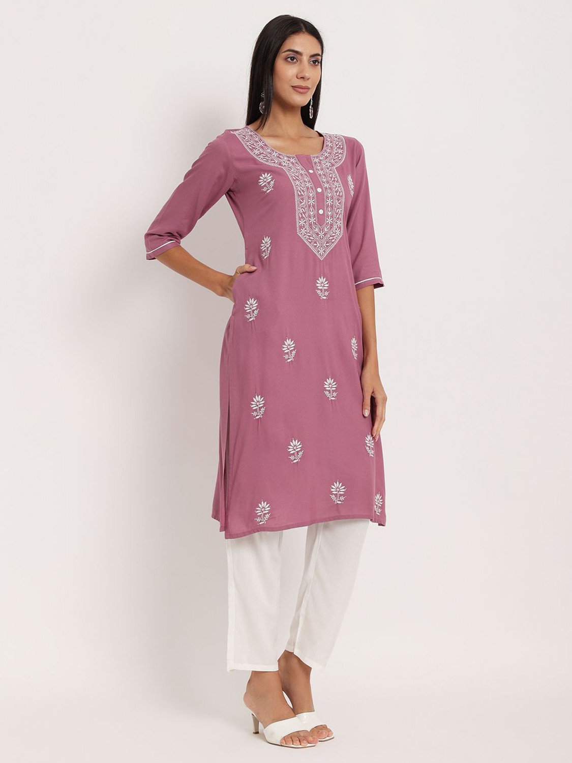 Image of ANGITA Women Chikan Embroidery A-line Kurta