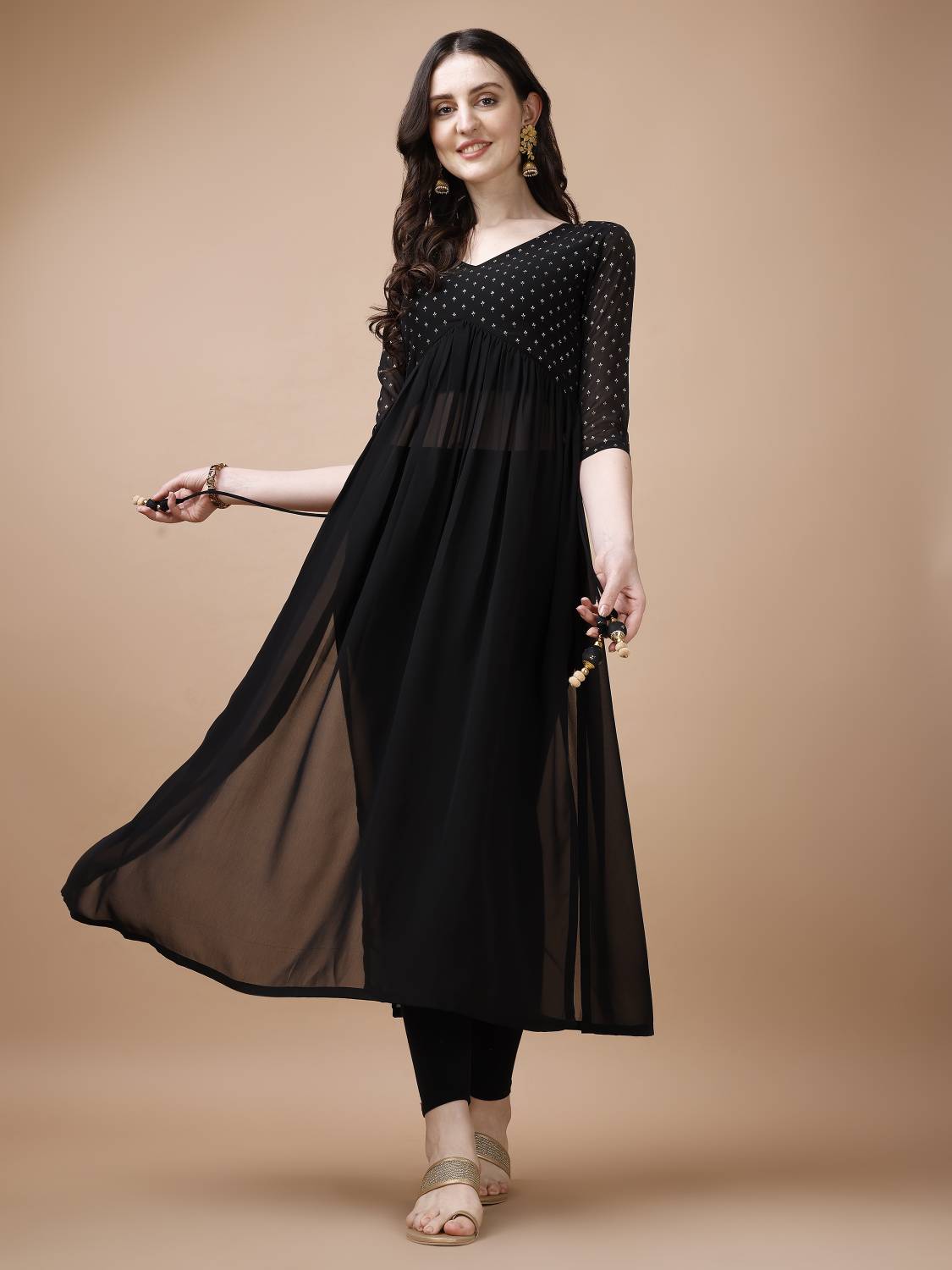 Glomee Women Printed, Block Print Georgette Flared Kurta (Black,