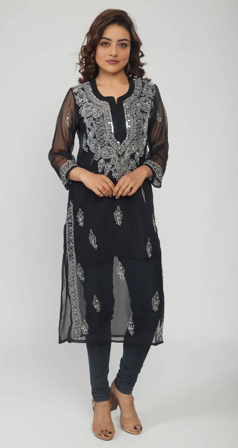ElegantFashion Women Chikan Embroidery Georgette A-line Kurta (Bl