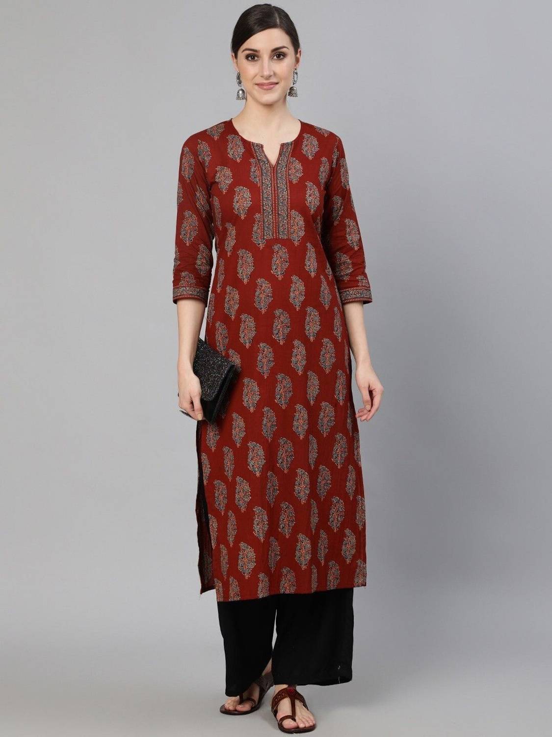 Fyunl Women Printed Straight Kurta Red - Image 4