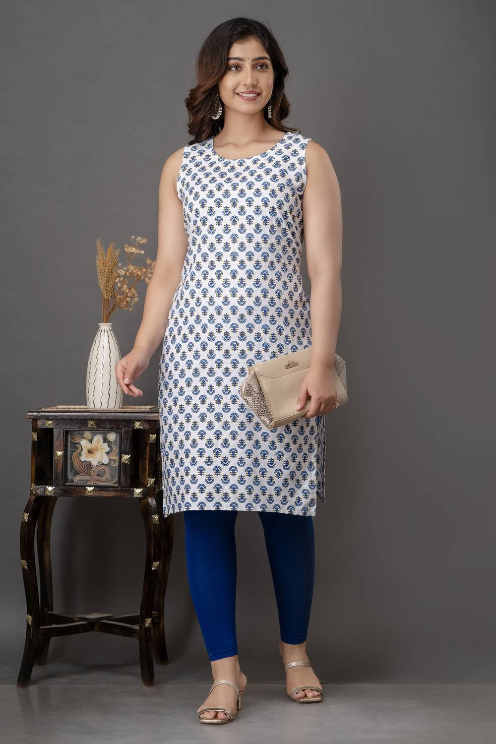 Surhi Women Printed Pure Cotton Straight Kurta (White, Light Blue