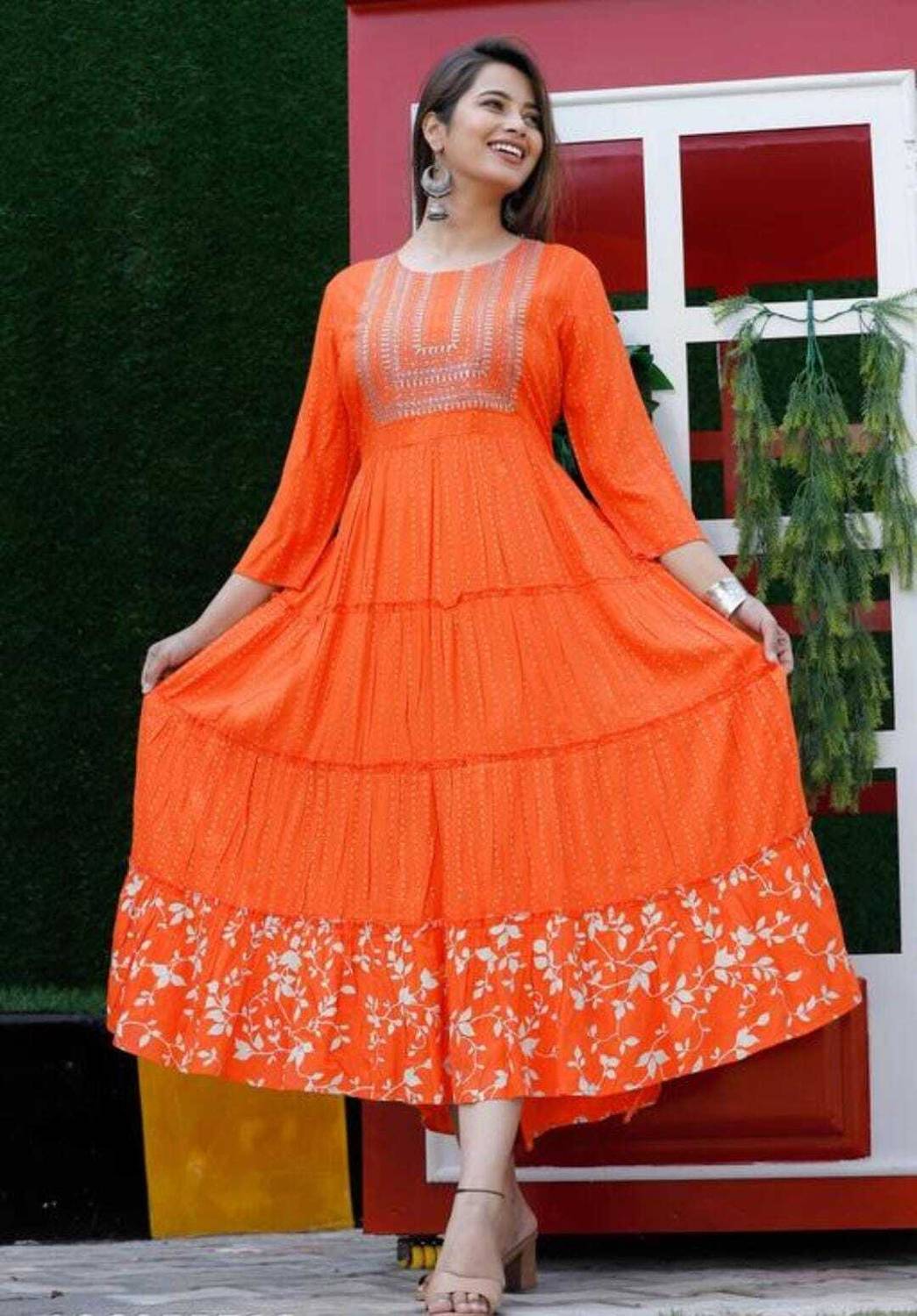 AF ASHA FABRICS Women Printed Viscose Rayon Flared Kurta (Orange)