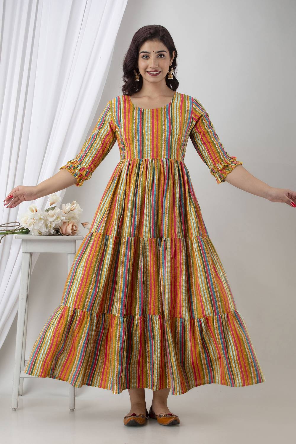 Henal Women Striped Cotton Blend Gown Kurta (Yellow)