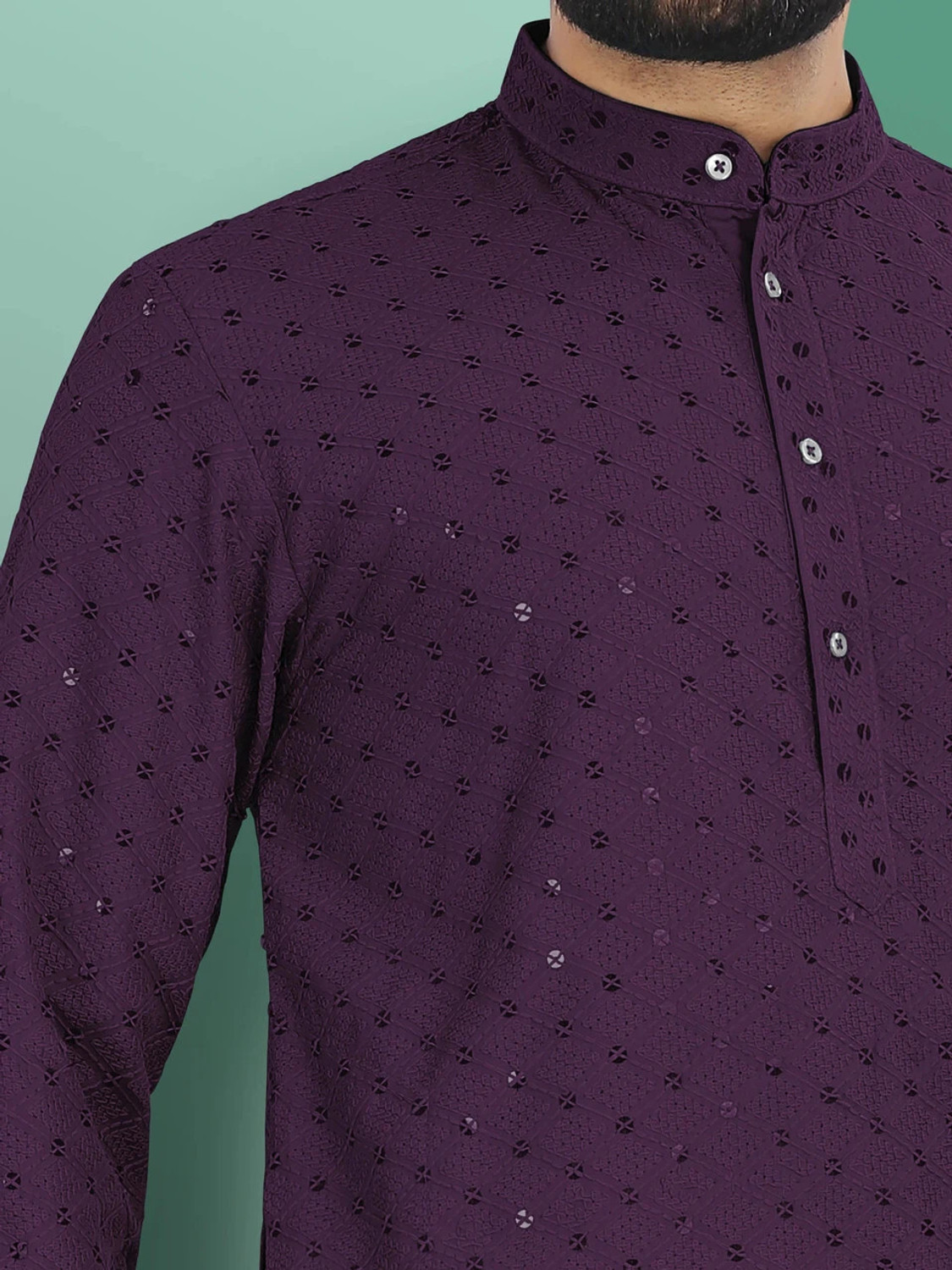 Image of ADHIRAJAN Men Chikan Embroidery Straight Kurta