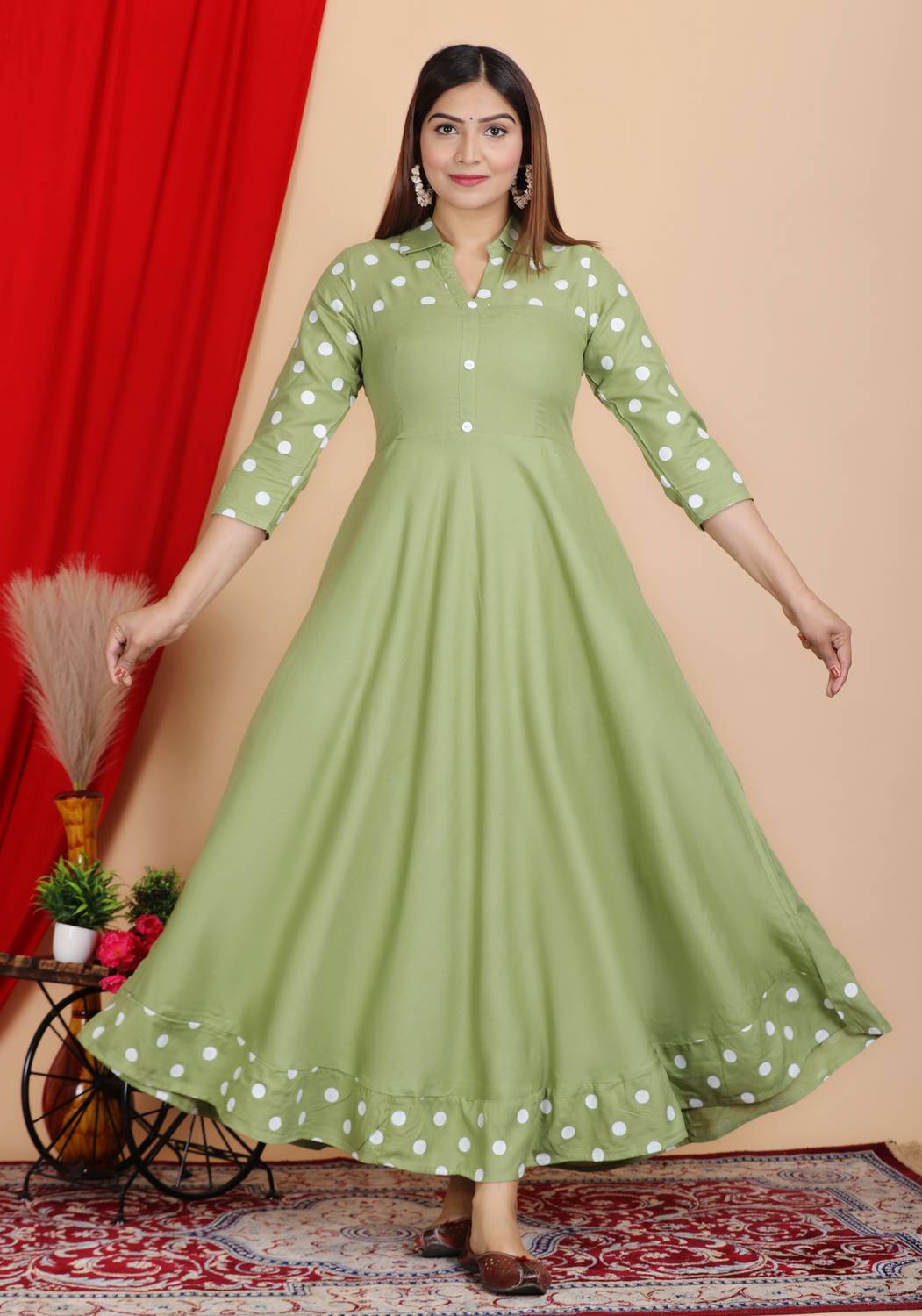 DARGU Women Polka Print Viscose Rayon Anarkali Kurta (Green, Whit