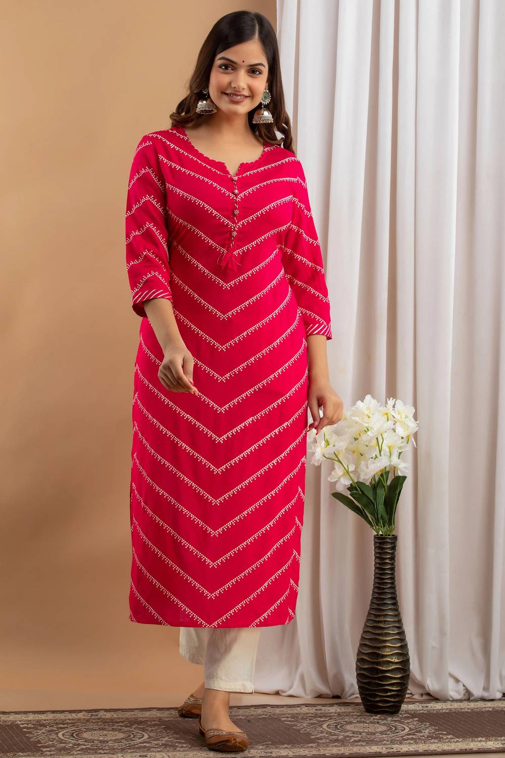 AREEH Women Chikan Embroidery Viscose Rayon Straight Kurta (Pink)
