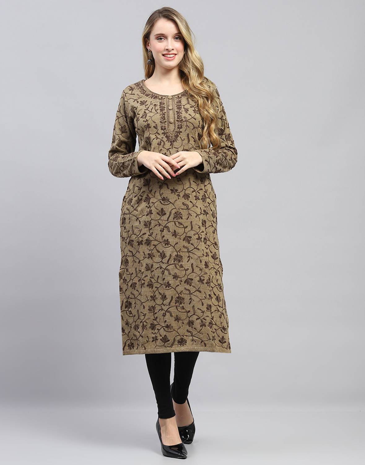MONTE CARLO Women Woven Design Wool Straight Kurta (Green)