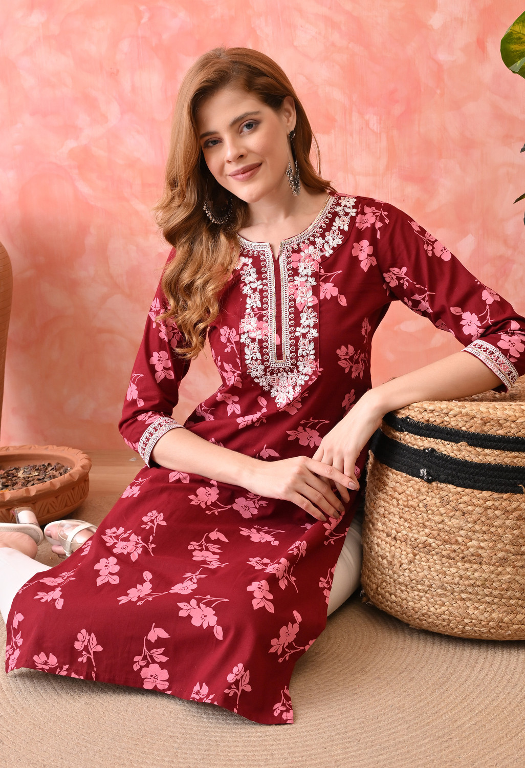 Image of KKOUTFITS Floral Print Pure Cotton Straight Kurta for Women (Maroon)