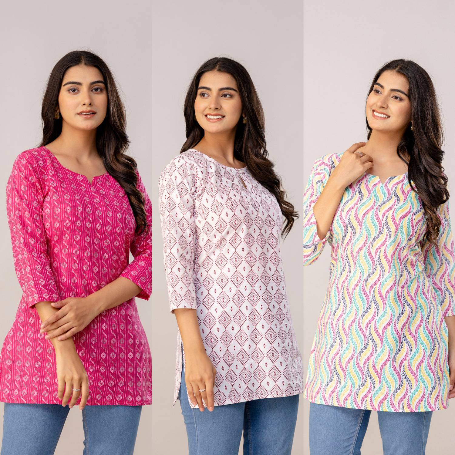 MST Pack of 3 Women Printed Cotton Blend Straight Kurta (Multicol