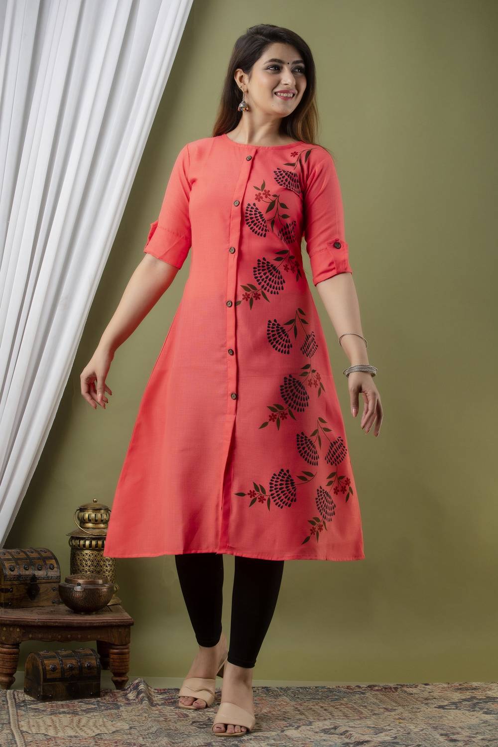 Zivapez Women Floral Print Pure Cotton Frontslit Kurta (Pink)