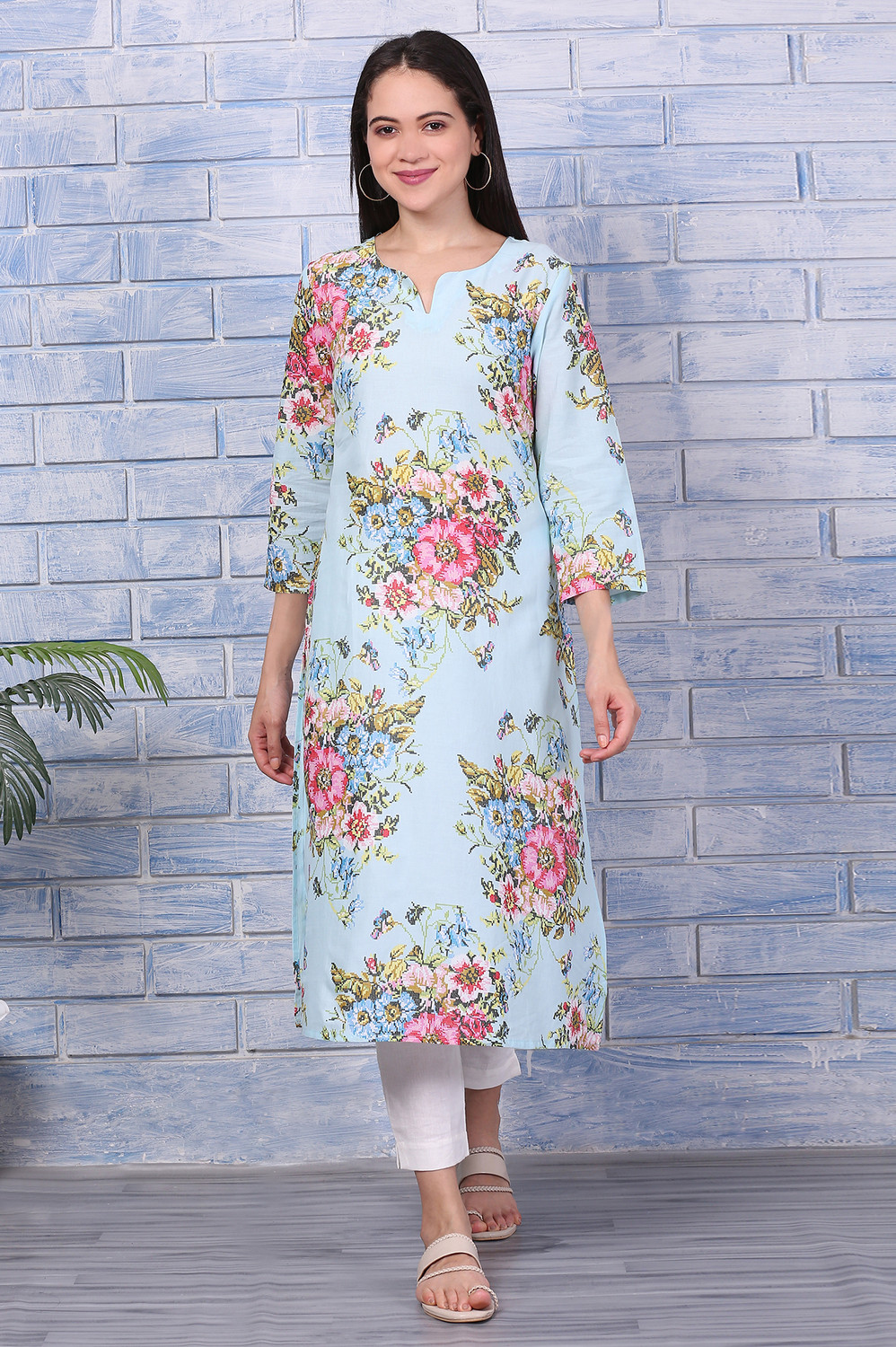 Image of W Floral Print Pure Cotton Straight Kurta for Women (Multicolor)