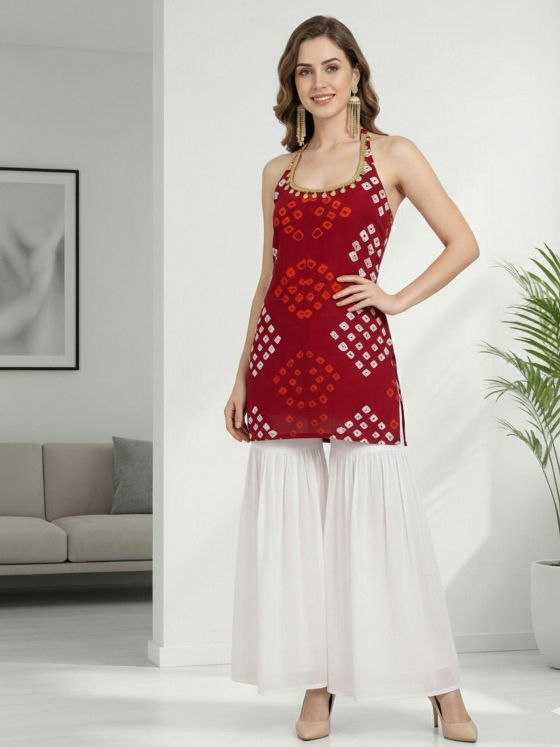Image of Deepgarments Women Bandhani, Embellished, Printed Straight Kurta