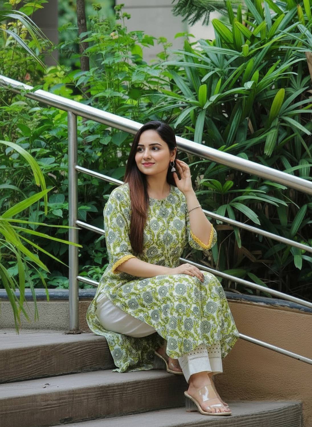 Sa Rasa Women Floral Print Viscose Rayon Straight Kurta (Green)