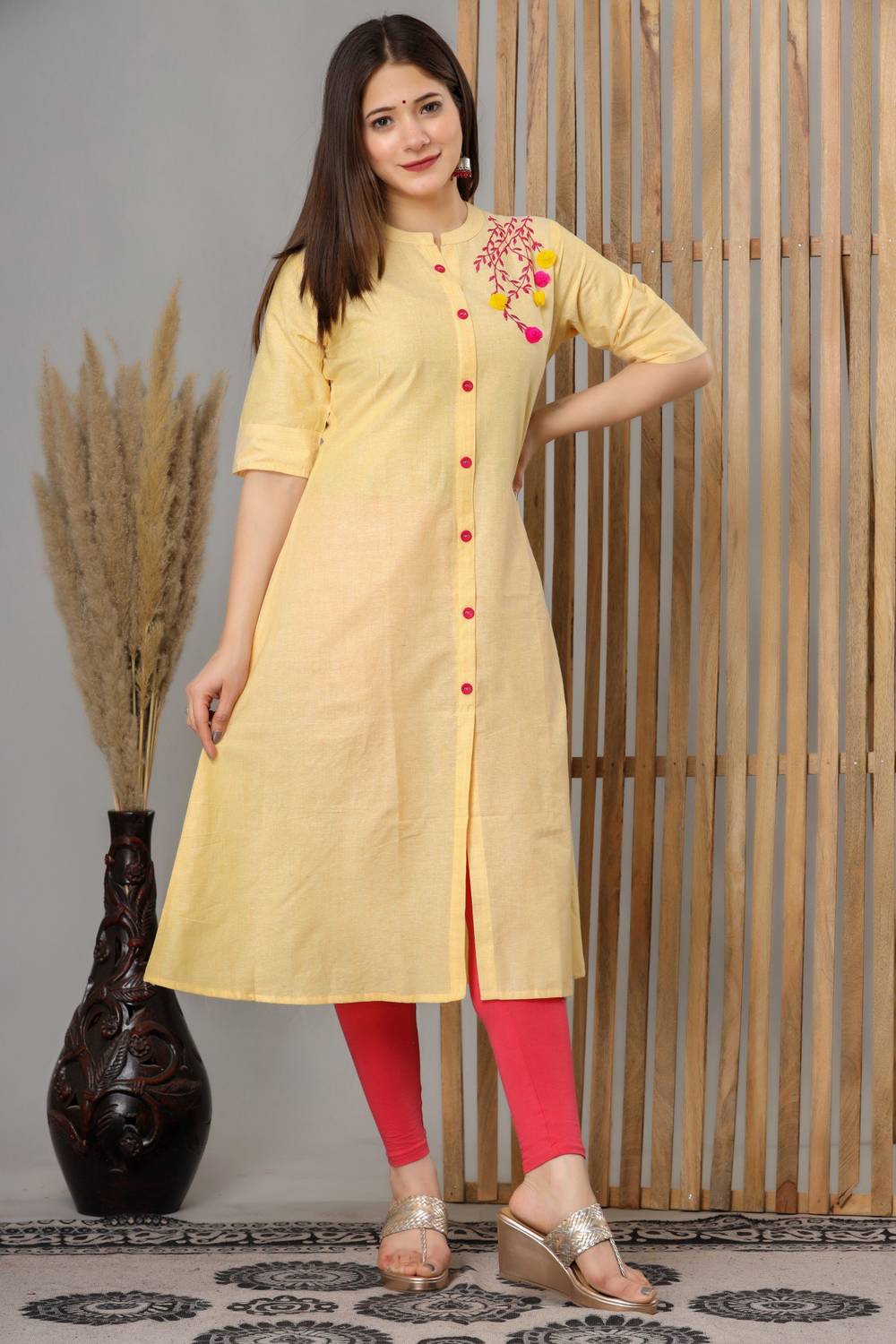 Dizon Women Embroidered Cotton Blend A-line Kurta (Yellow)