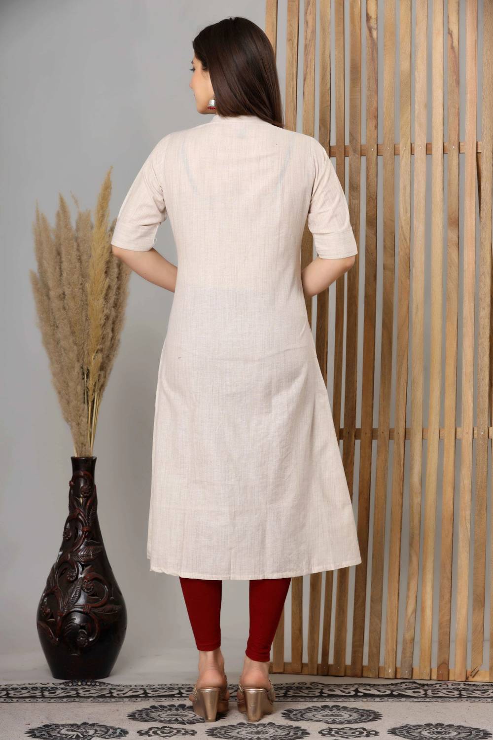 LOOMS21 Women Embroidered A-line Kurta Beige - Image 4