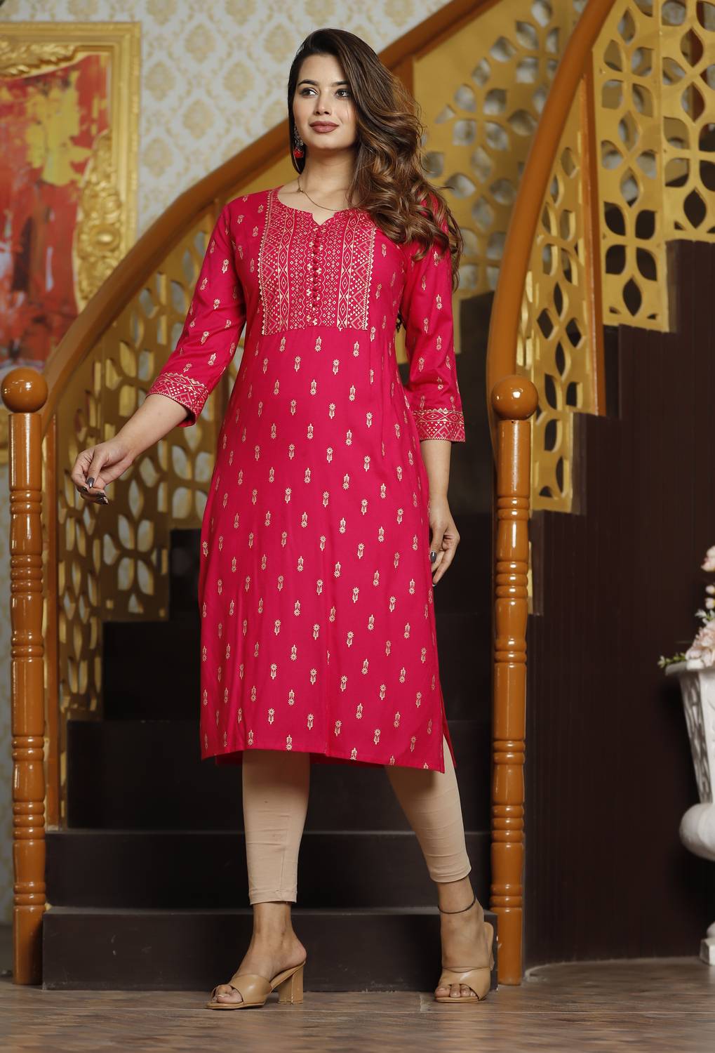 SUBHLAXMI FASHION Women Printed Cotton Rayon Straight Kurta (Pink