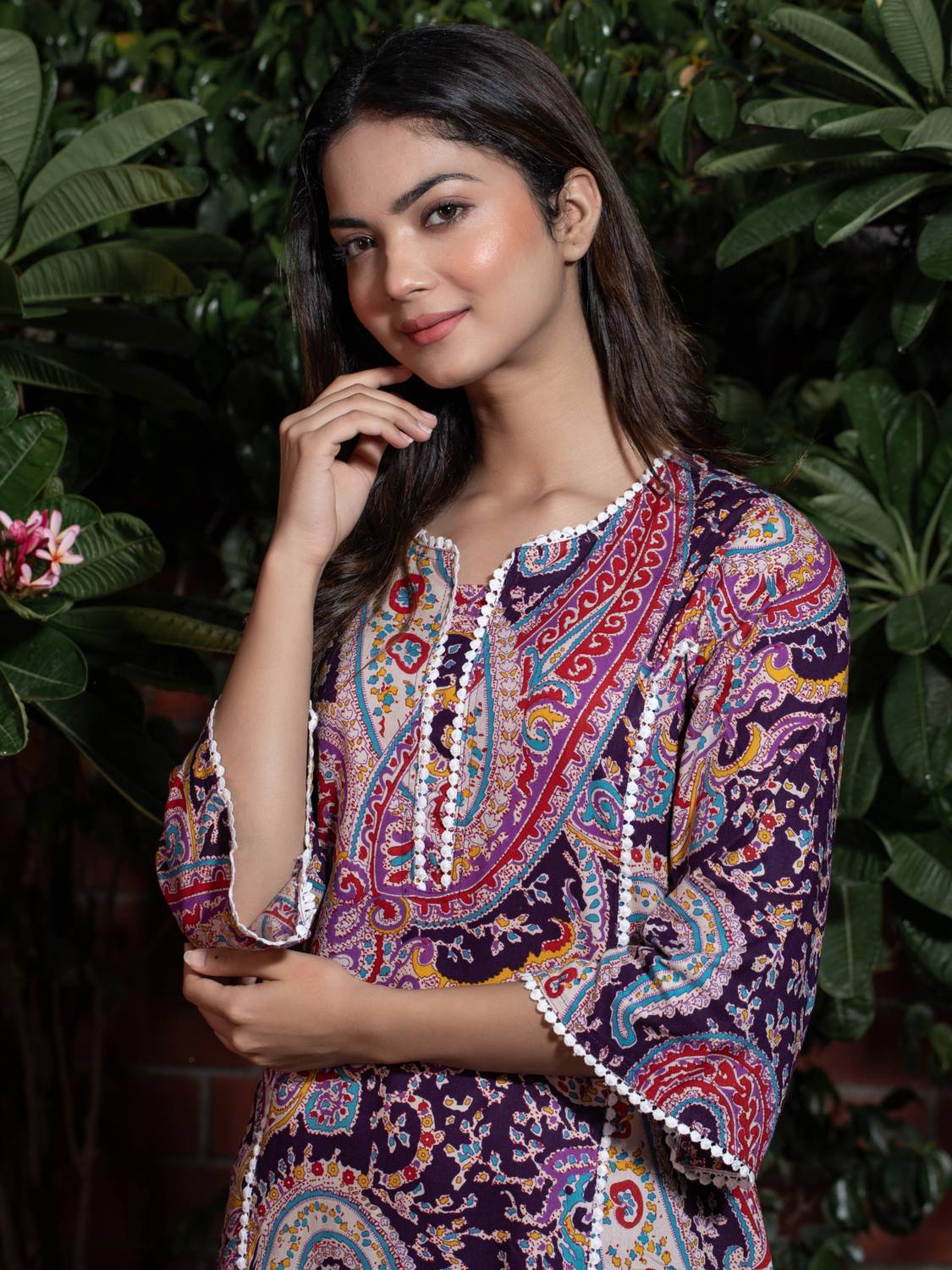 Tabeedah Women Self Design Cotton Blend Pakistani Kurta (Purple)