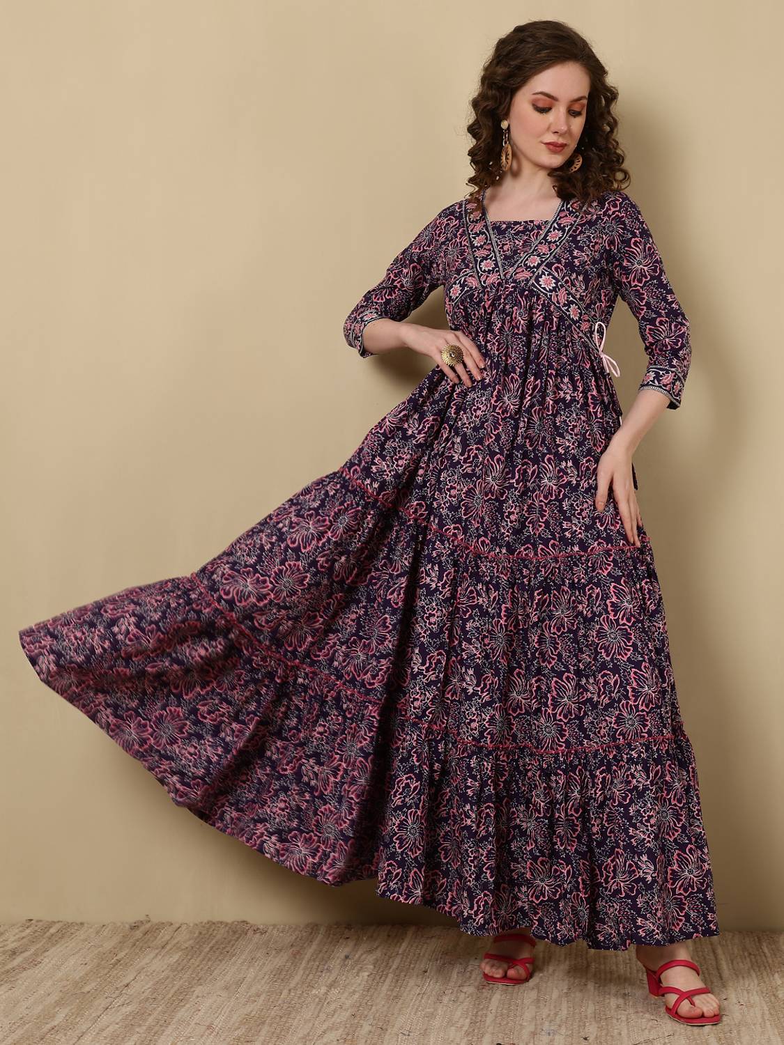 Women Click Women Floral Print Viscose Rayon Flared Kurta (Blue)