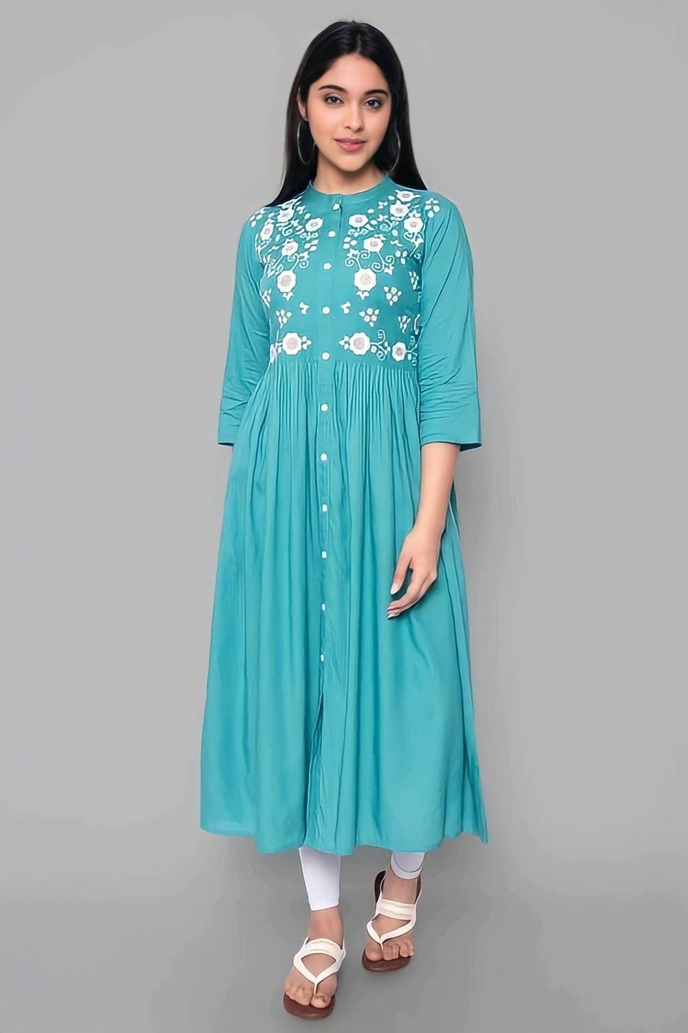 PALSIYA PRESENTS Women Printed Cotton Rayon A-line Kurta (Blue)