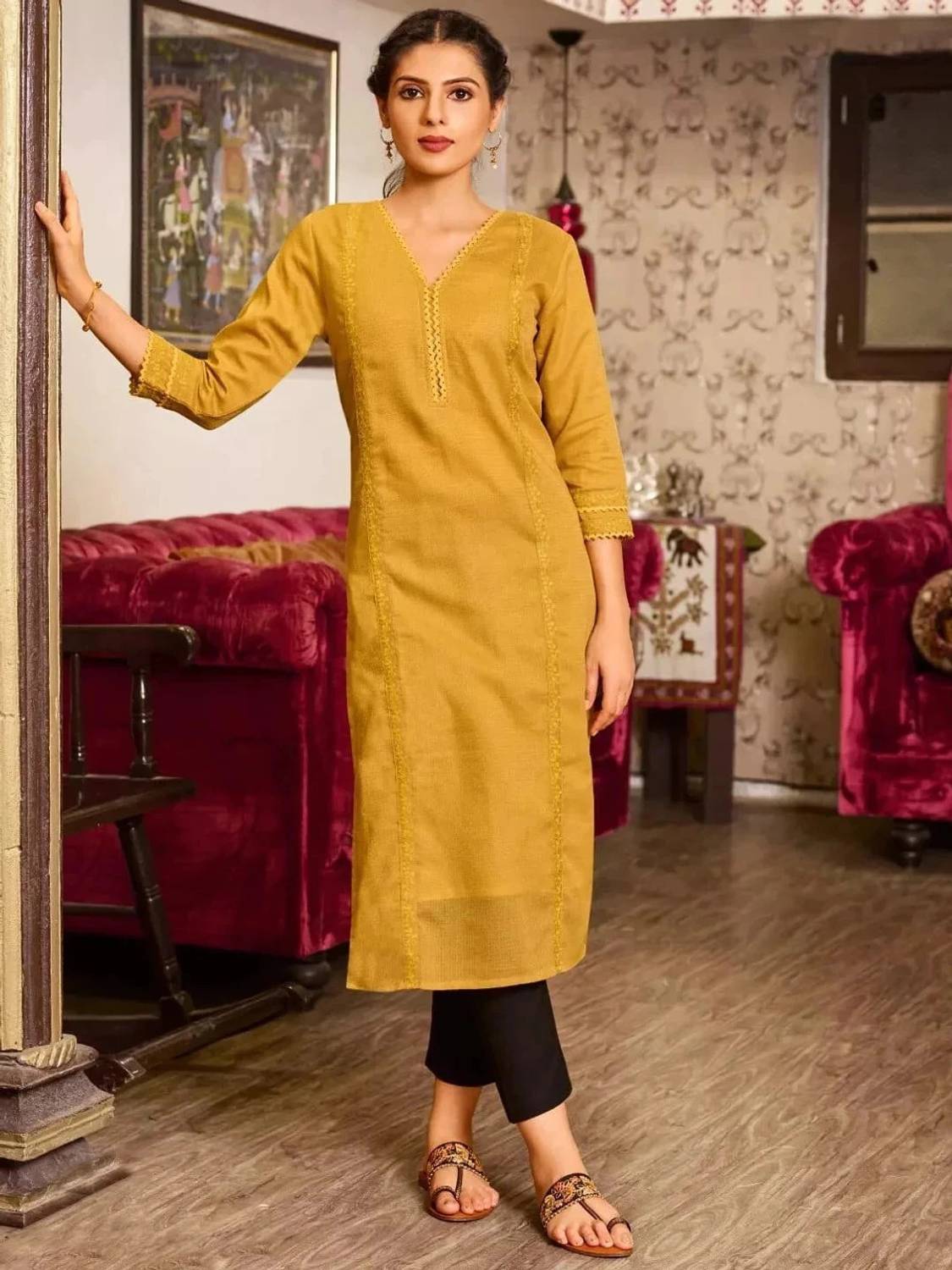 RR SA KURTIS Women Embroidered Cotton Rayon Straight Kurta (Yello