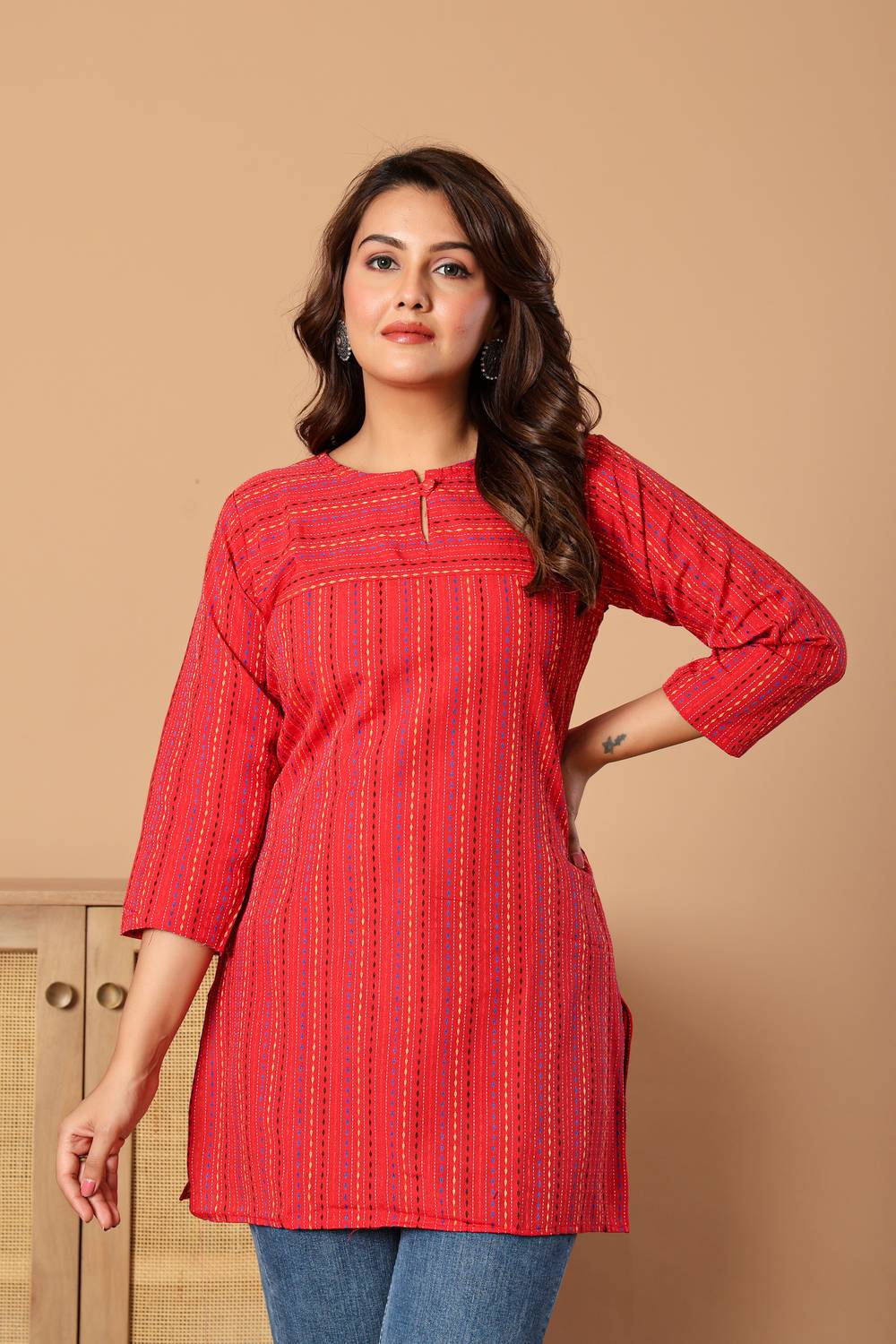 Plenilune Women Printed Khadi Cotton Straight Kurta (Red)
