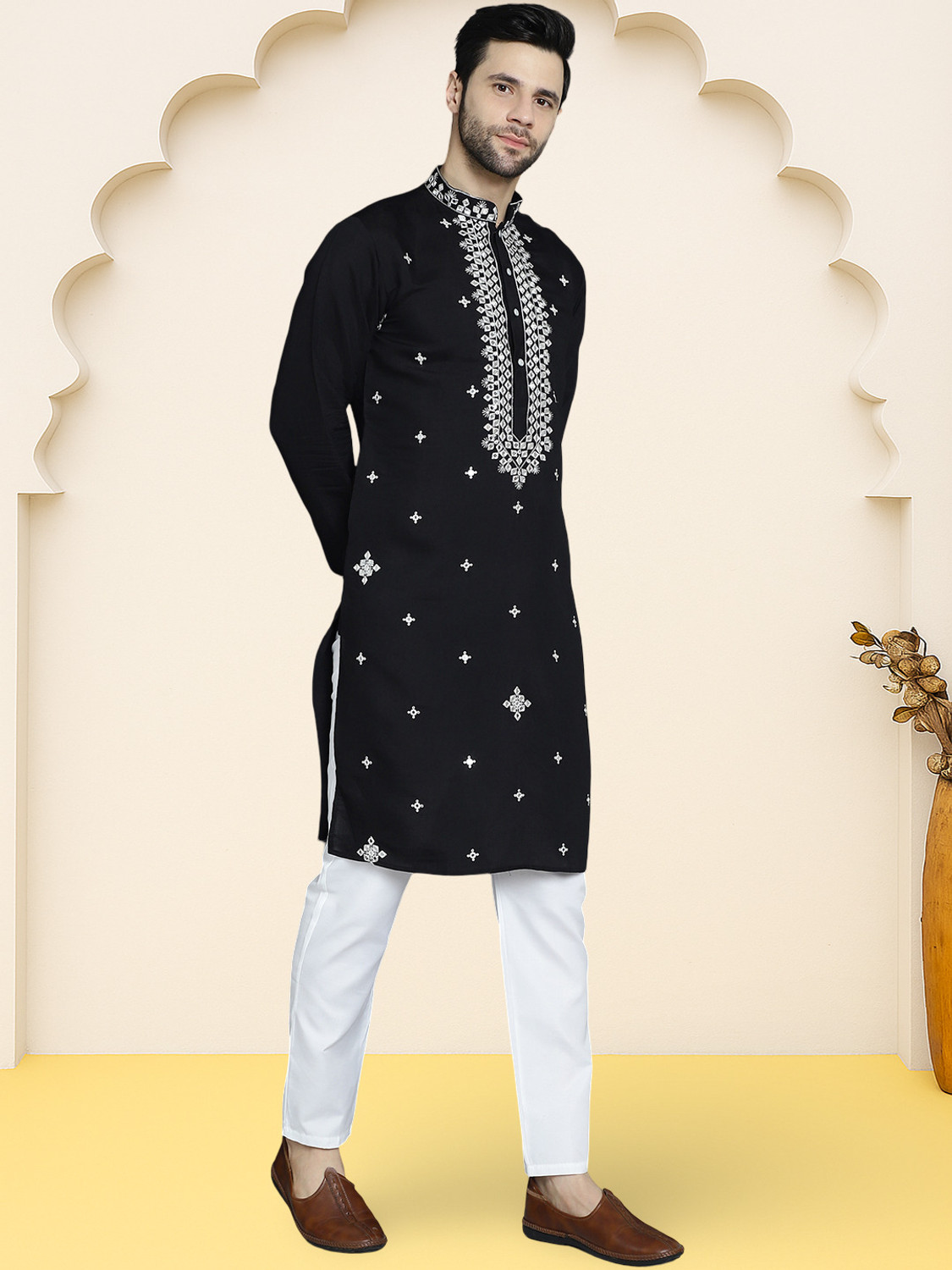 Image of Jompers Embroidered Silk Blend Straight Kurta for Men (Black)