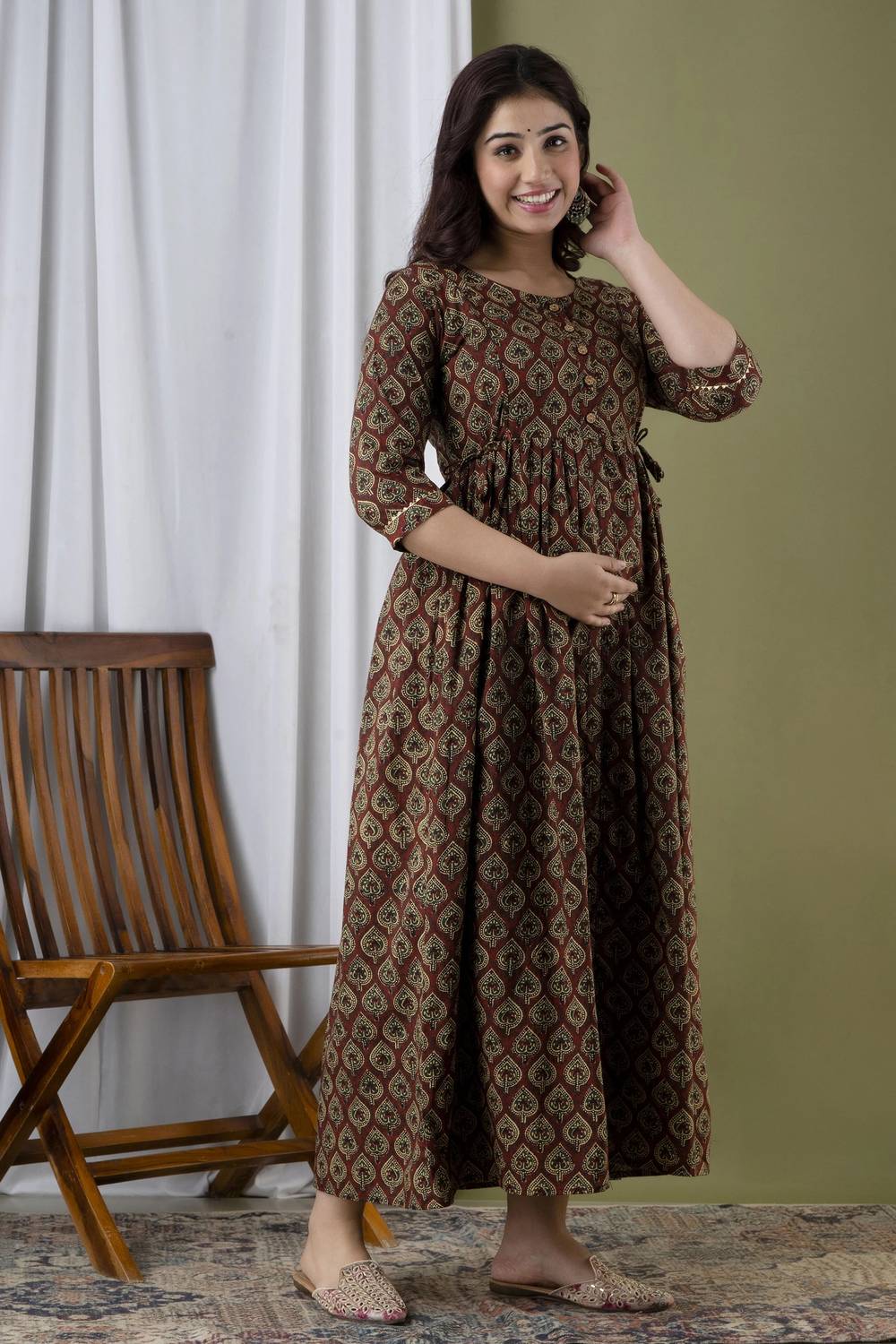 Tulsiram Women Printed Pure Cotton Anarkali Kurta (Brown)