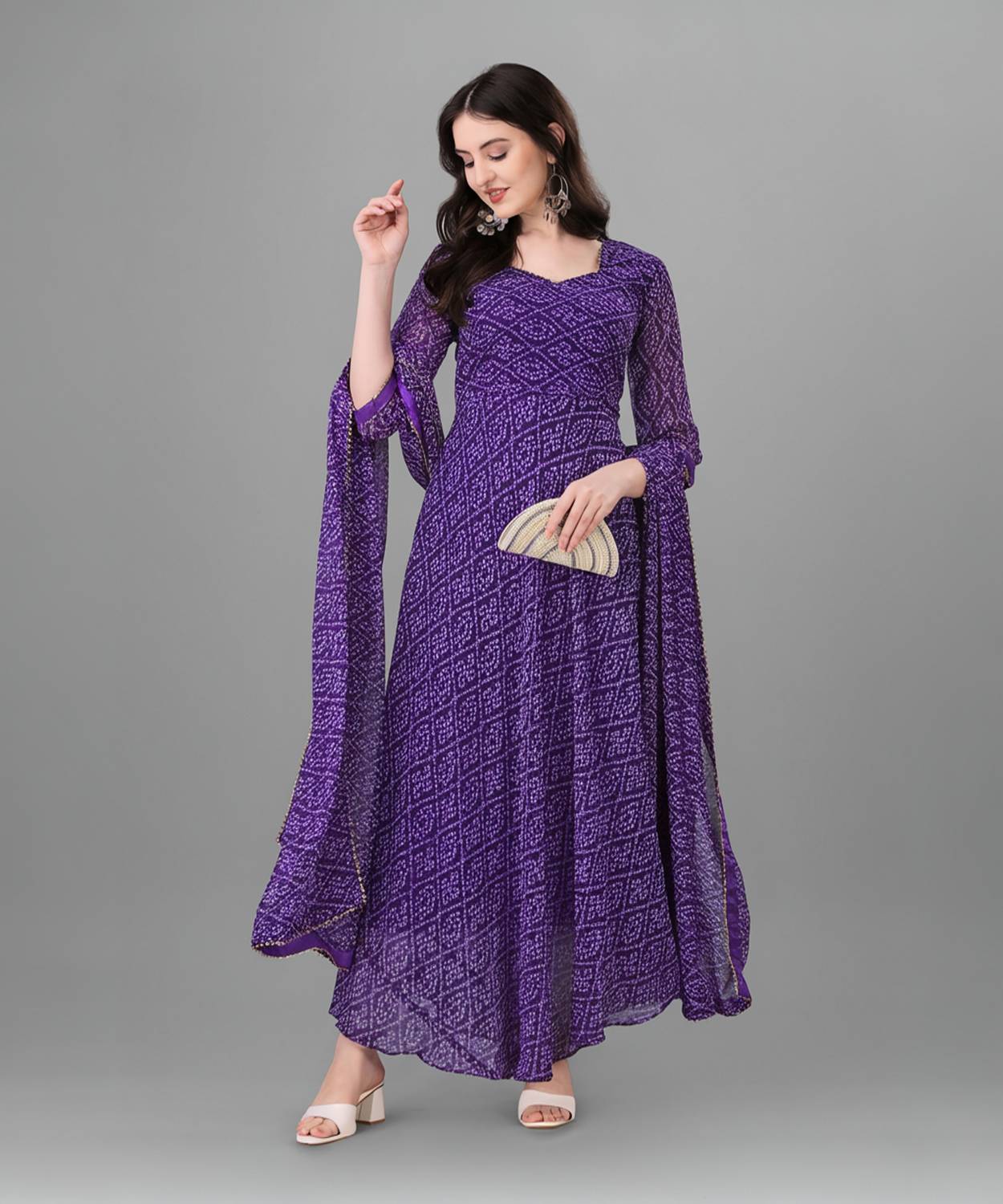 PMD Fashion Women Bandhani Georgette Anarkali Kurta With Attached