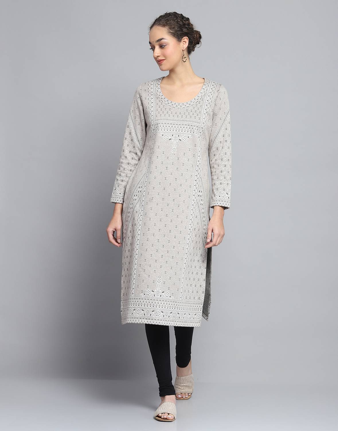 MONTE CARLO Women Printed Wool A-line Kurta (Beige)