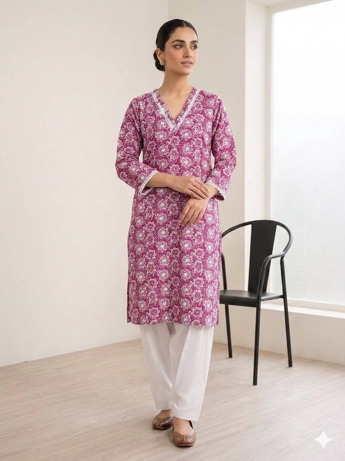 WULAMIA Women Floral Print Pure Cotton Straight Kurta (Pink)