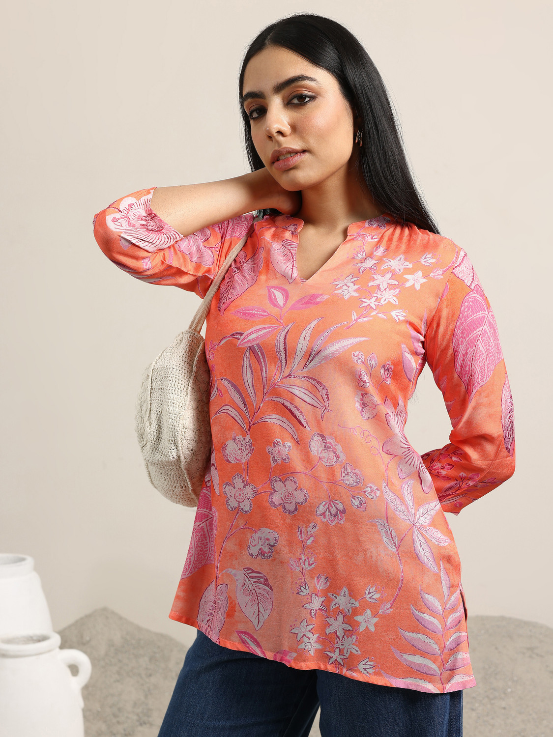 Image of GERUA BY LIBAS Printed Silk Blend Straight Kurta for Women (Orange)