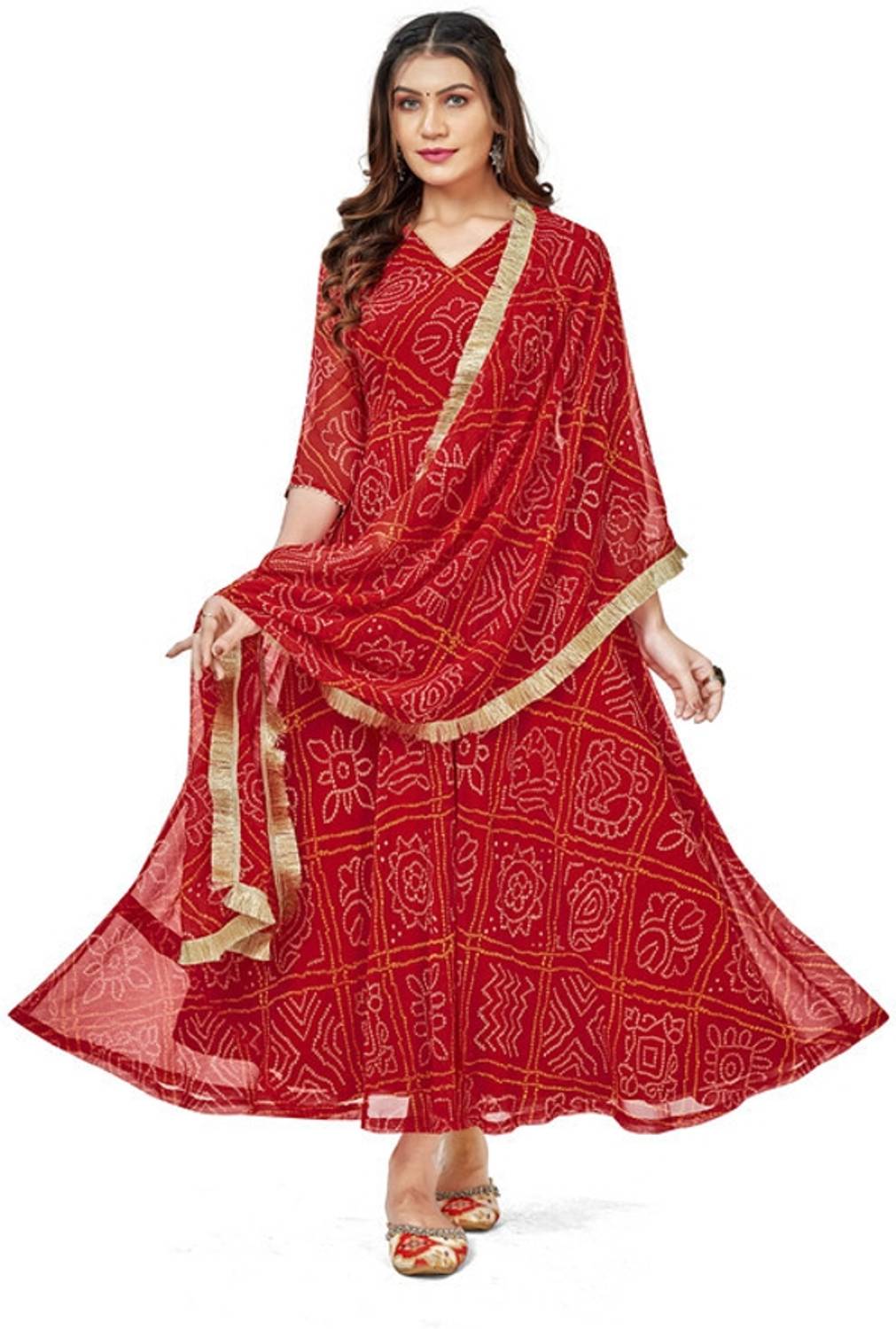 Aether Fashion Women Bandhani Georgette Flared Kurta With Attache