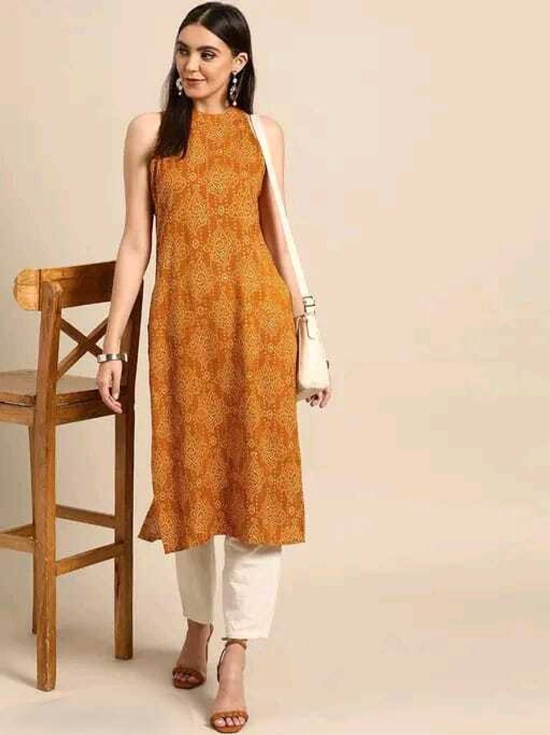VEDRAJ Women Floral Print Cotton Blend A-line Kurta (Yellow)